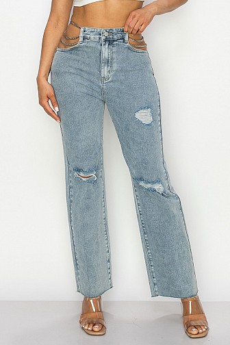 CHAIN SIDE OPENING DETAIL HIGH WAISTED STRAIGHT LEG DISTRESSED JEANS